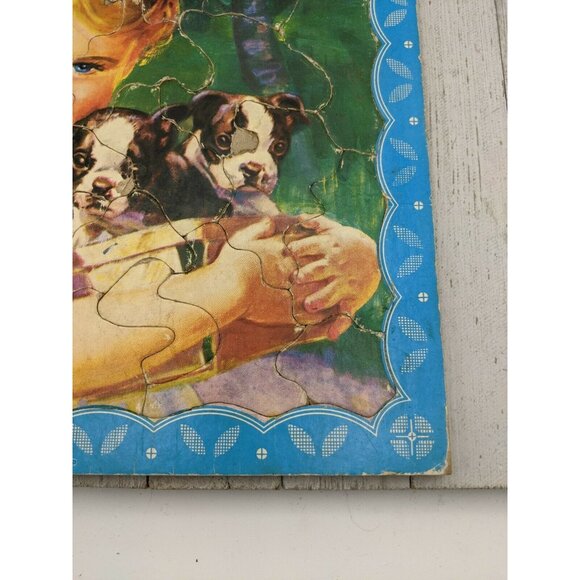 Vintage Jigsaw Puzzle Tray 11 1/2"x10" Girl Puppies S.P. Co 7343 - Picture 2 of 9